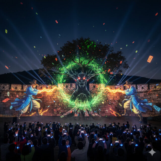 AI로 만들어본 <실감형 미디어 파사드와 관객 반응형 공연> 컨셉 이미지