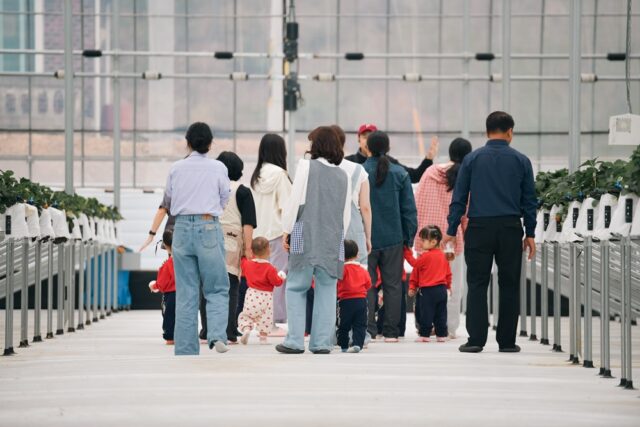 선생님과 엄마의 손을 잡고 농장 안을 누비는 아이들. 깔끔하게 정돈된 바닥 시설 덕분에 어린아이들도 안전하고 쾌적하게 이동하며 자연을 관찰하고 있다.