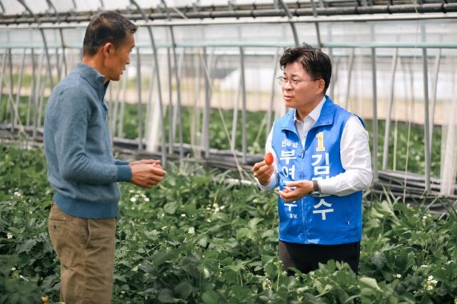 딸기 시설하우스 농가를 방문해 수확 중인 농민과 마주 앉아 작물의 상태와 농가 소득에 대한 의견을 나누고 있다.