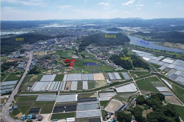 조사대상지 일원, 북동쪽 상공에서(사진=부여군)