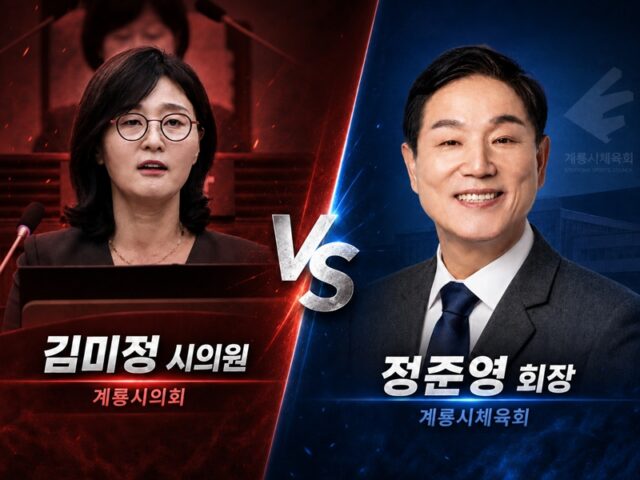 계룡시체육회 운영을 둘러싸고 충돌한 김미정 계룡시의원(왼쪽)과 정준영 계룡시체육회장(사진=스토리스팟)
